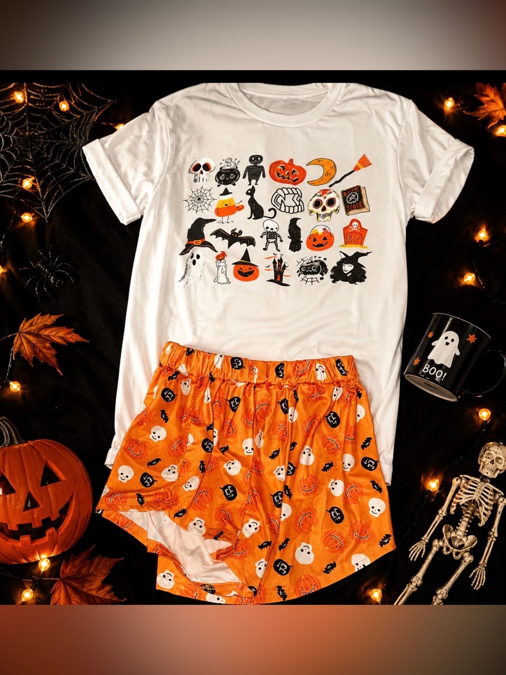 Bella Canvas Halloween Pajama Set - White and Orange